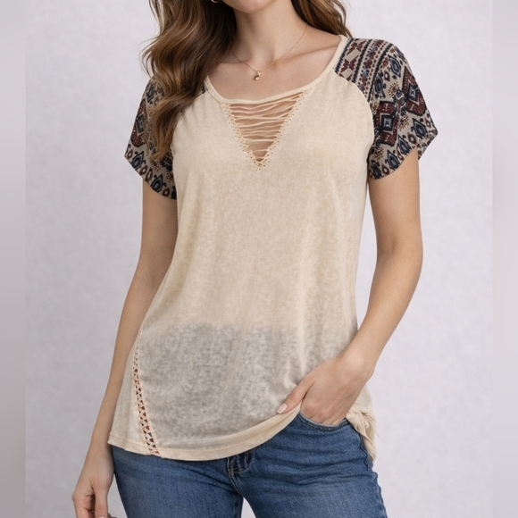 Miss Me Tops - MISS ME Aztec Southwestern Beaded V-Neck Short Sleeve Burnout Blouse